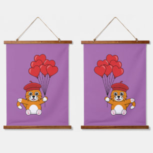 Schattigee kat met rode hartballonnen hangend wandkleed
