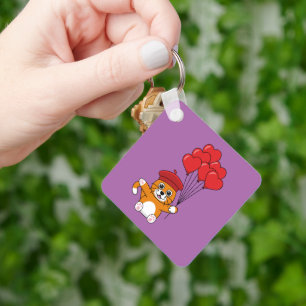 Schattigee kat met rode hartballonnen sleutelhanger