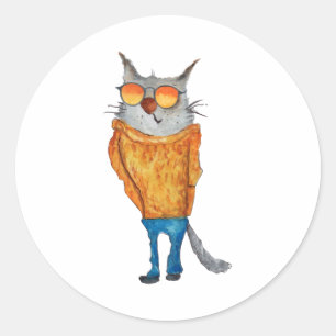 Schattigee kat op een bril met oranje trui en blu ronde sticker