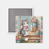 Schattigee kat op veranda met bloemen en patchwork magneet (Voorkant / Achterkant)