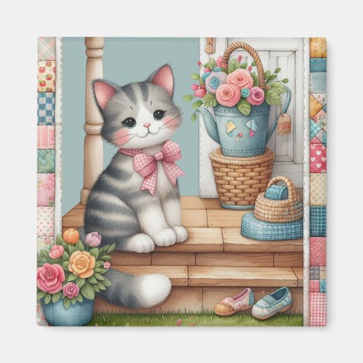 Schattigee kat op veranda met bloemen en patchwork magneet (Voorkant)