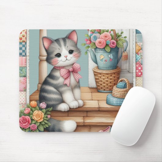 Schattigee kat op veranda met bloemen en patchwork muismat (Met muis)