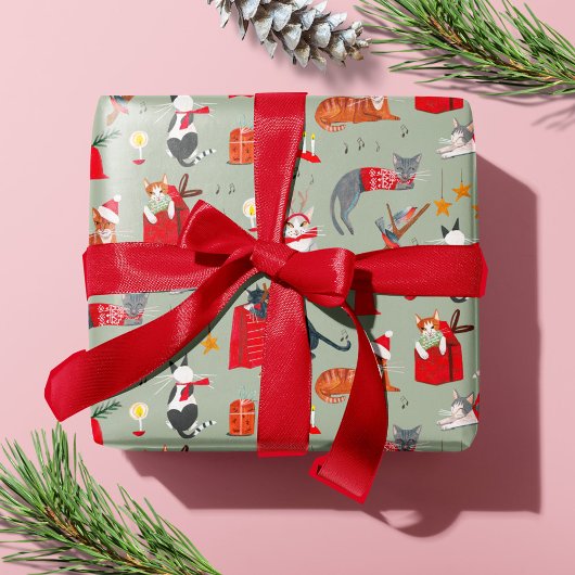 Schattigee kat Retro  Groene Kerst Cadeaupapier