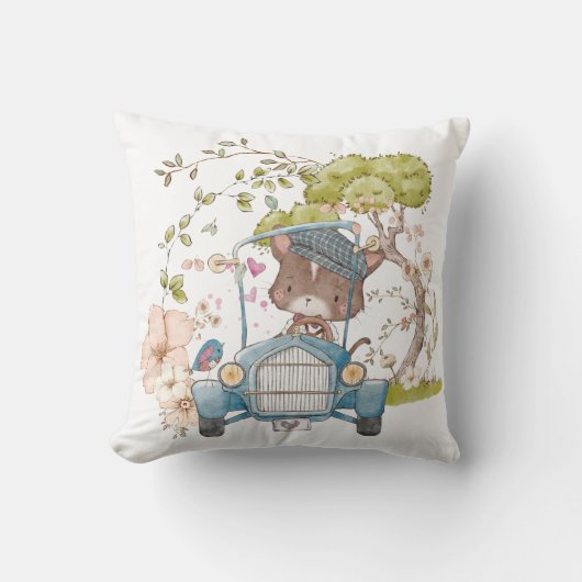  Schattigee Kat Rijdende Auto Naam Baby Boy Kussen (Voorkant)