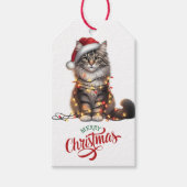 Schattigee kat verpakt in kerstverlichting cadeaulabel (Voorkant)