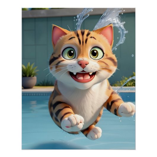 Schattigee Kat Vliegend Zwemmen Duiken in Zwembad  Perfect Poster (Voorkant)