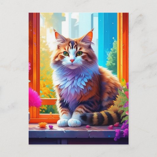 Schattigee kat zitten in stadsvenster AI kunst Briefkaart (Voorkant)
