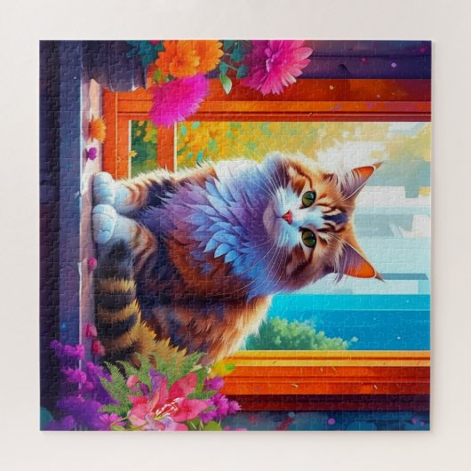 Schattigee kat zitten in stadsvenster AI kunst Legpuzzel (Horizontaal)