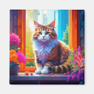 Schattigee kat zitten in stadsvenster AI kunst Magneet