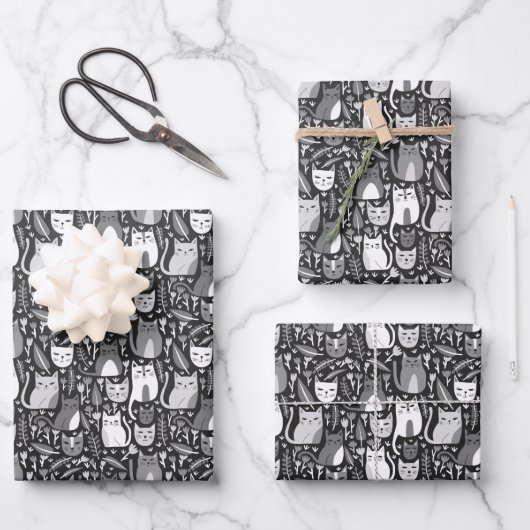 Schattigee Katten Botanische Bloemen Patroon Grijs Inpakpapier Vel (Voorkant)
