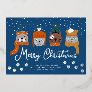 Schattigee katten in winterbreien in sneeuwvlokken folie feestdagenkaart