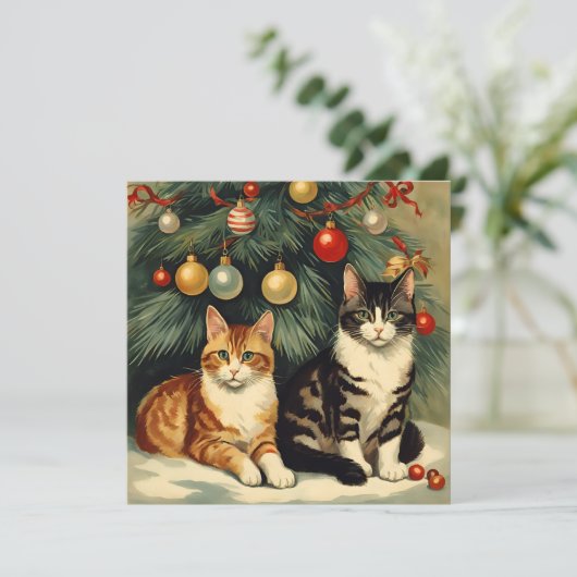 Schattigee katten onder de kerstboom kattenliefheb feestdagenkaart (Staand voorkant)