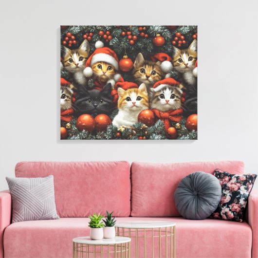 Schattigee katten vieren vakantie met kerstboom canvas afdruk (Insitu (Woonkamer))