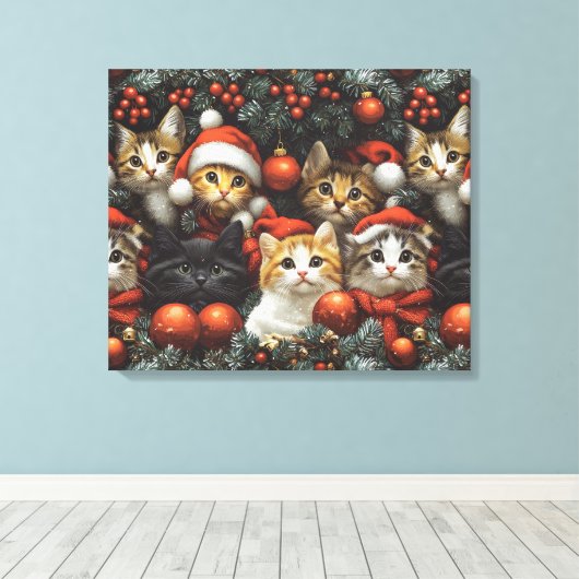 Schattigee katten vieren vakantie met kerstboom canvas afdruk (Insitu (Houten vloer))