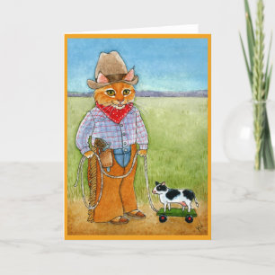 Schattigee kattencowboy, veeboer koe wenskaart kaart