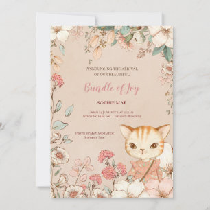 Schattigee Kattenfoto Bloemen Baby Meisje Geboort Aankondiging