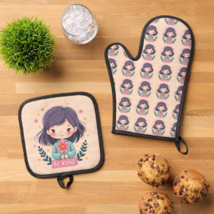 Schattigee Kawaii "Be Kind" Illustratie – Heilzame Ovenwant & Pannenlap Set