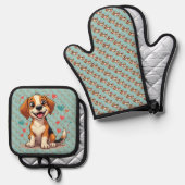 Schattigee Kawaii Beagle met harten speelse hond Ovenwant & Pannenlap Set (Voorkant / Achterkant)