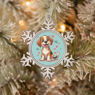 Schattigee Kawaii Beagle met harten speelse hond Tin Sneeuwvlok Ornament