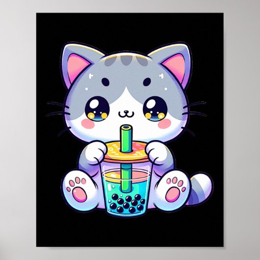 Schattigee Kawaii Bubble Tea Cat Japanese Kitten A Poster (Voorkant)