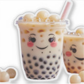 Schattigee Kawaii Bubble Tea Sticker met Blozen Ge (Voorkant)