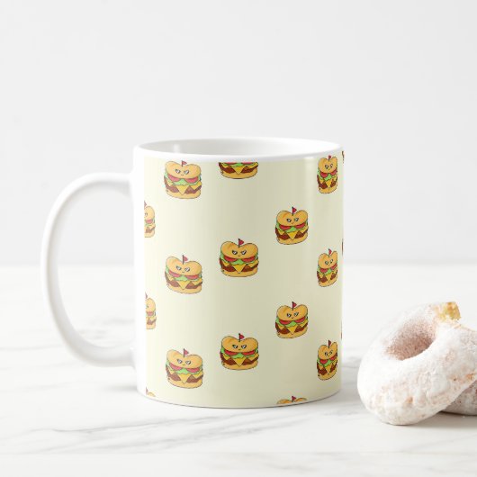 Schattigee kawaii burgers patroon op crème koffiemok (Met donut)