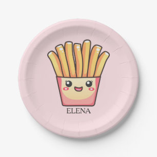 Schattigee kawaii cartoon friet met jouw naam erop papieren bordje