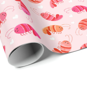 Schattigee Kawaii Cartoon Garnalen & Harten Cadeaupapier