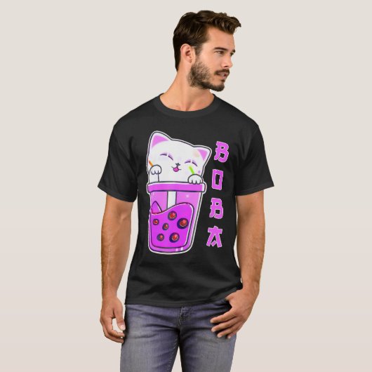 Schattigee Kawaii Cat Boba Bubble Tea Anime Japans T-shirt (Voorkant volledig)