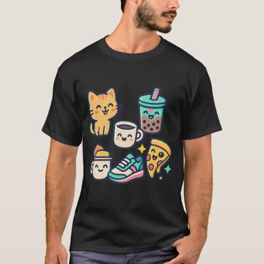 Schattigee Kawaii Cat, Pizza, Bubble Tea & Coffee T-shirt (Voorkant)