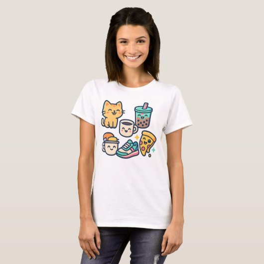 Schattigee Kawaii Cat, Pizza, Bubble Tea & Coffee T-shirt (Voorkant volledig)