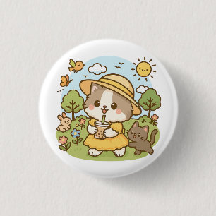 Schattigee Kawaii Cat Yellow Dress Drink Bubble Te Ronde Button 3,2 Cm