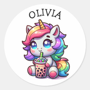 Schattigee Kawaii Eenhoorn met Bubble Tea Geperson Ronde Sticker