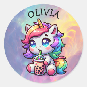 Schattigee Kawaii Eenhoorn met Bubble Tea Geperson Ronde Sticker
