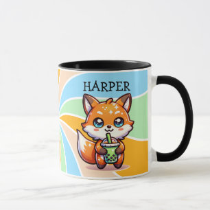 Schattigee Kawaii Fox met Bubble Tea Gepersonalise Mok