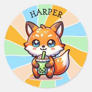 Schattigee Kawaii Fox met Bubble Tea Gepersonalise Ronde Sticker