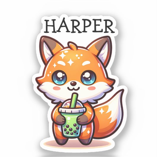 Schattigee Kawaii Fox met Bubble Tea Gepersonalise Sticker (Voorkant)