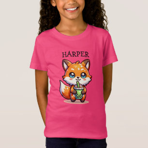 Schattigee Kawaii Fox met Bubble Tea Gepersonalise T-shirt