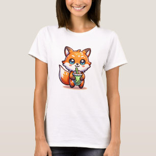 Schattigee Kawaii Fox met Bubble Tea Gepersonalise T-shirt
