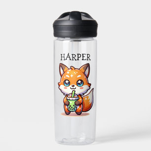 Schattigee Kawaii Fox met Bubble Tea Gepersonalise Waterfles