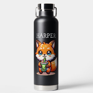Schattigee Kawaii Fox met Bubble Tea Gepersonalise Waterfles