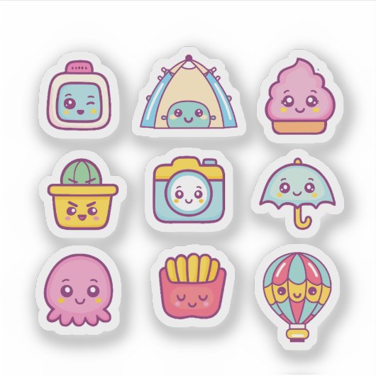 Schattigee kawaii icon sticker set (Voorkant)
