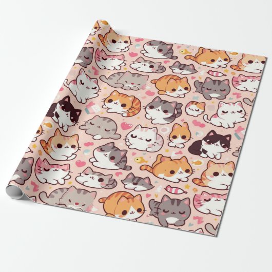 Schattigee Kawaii kattenpatronen Cadeaupapier (Uitgerold)