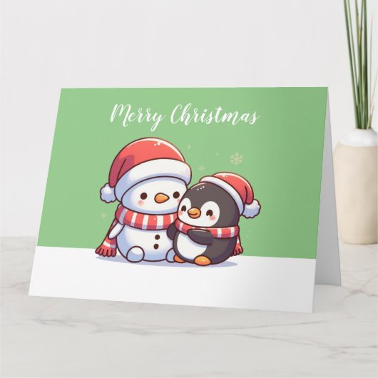Schattigee Kawaii Kerst Kaart met Sneeuwman (Voorkant)