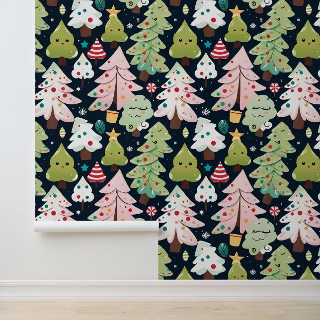 Schattigee Kawaii kerstbomen naadloos patroon Behang (Applicatie)