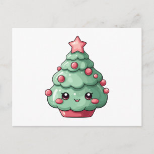 Schattigee Kawaii kerstboom met lachend gezicht Feestdagenkaart