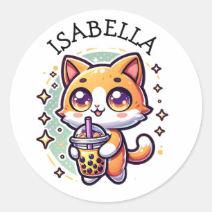 Schattigee Kawaii Kitten met Bubble Tea Gepersonal Ronde Sticker