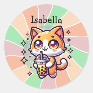 Schattigee Kawaii Kitten met Bubble Tea Gepersonal Ronde Sticker