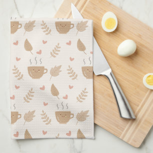 Schattigee Kawaii Koffie en bladeren Herfstpatroon Theedoek