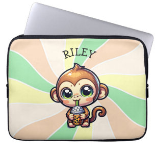 Schattigee Kawaii Monkey met Bubble Tea Gepersonal Laptop Sleeve